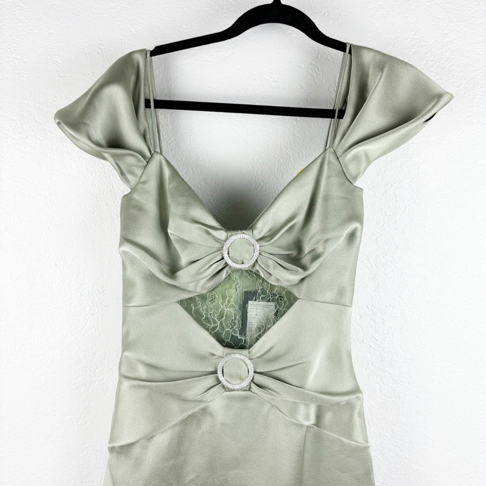 Rasario Cut Out Off The Shoulder Midi Dress Green Satin Cocktail Formal Evening — image 4 of 8